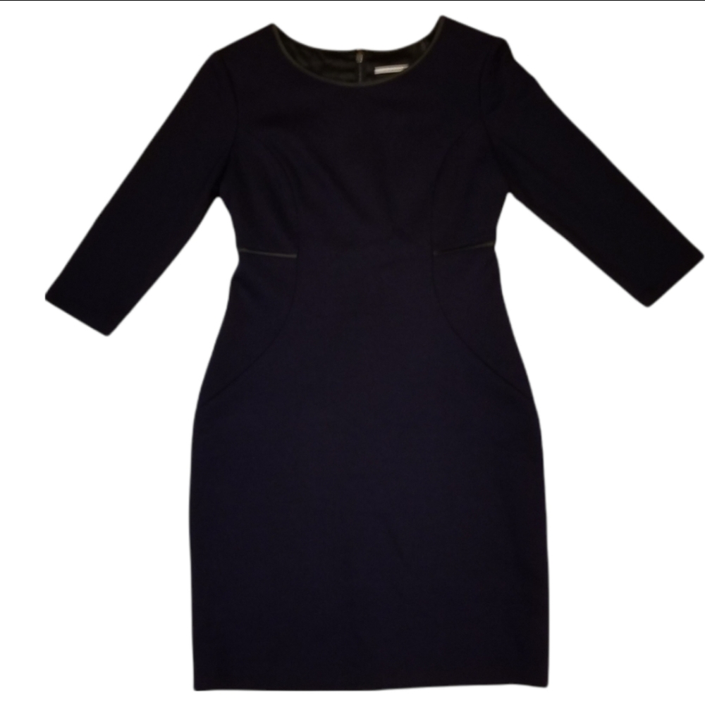 Tahari Faux Leather Trimmed Bodycon Dress Navy Size US 2